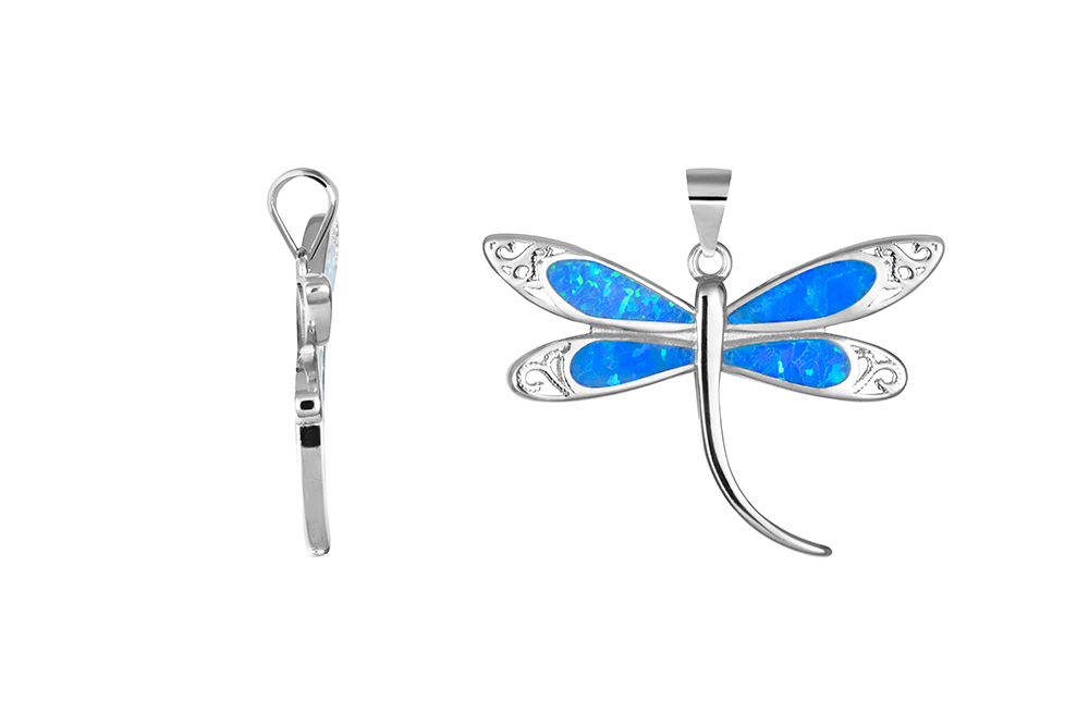 [18445PGOPRD] Sterling silver blue opal and abalone dragonfly pendant_ (Reconstituted gemstone, Opal
